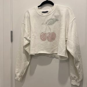 Carmar LF cherry rhinestone white cropped pullover sweatshirt coquette cherries